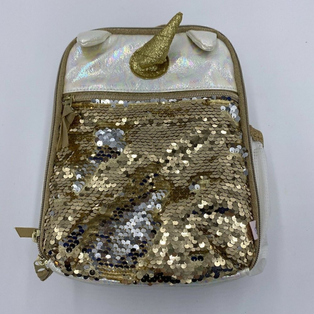 Kids Girls More Than Magic Golden Sequin Unicorn Lunch Upright Zippered Bag EUC